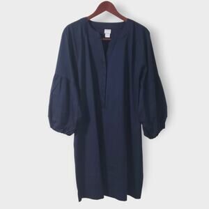 Chico's Puff Sleeve Pleated Shift Dress Navy Blue Sz 16/18 Modern Contemporary